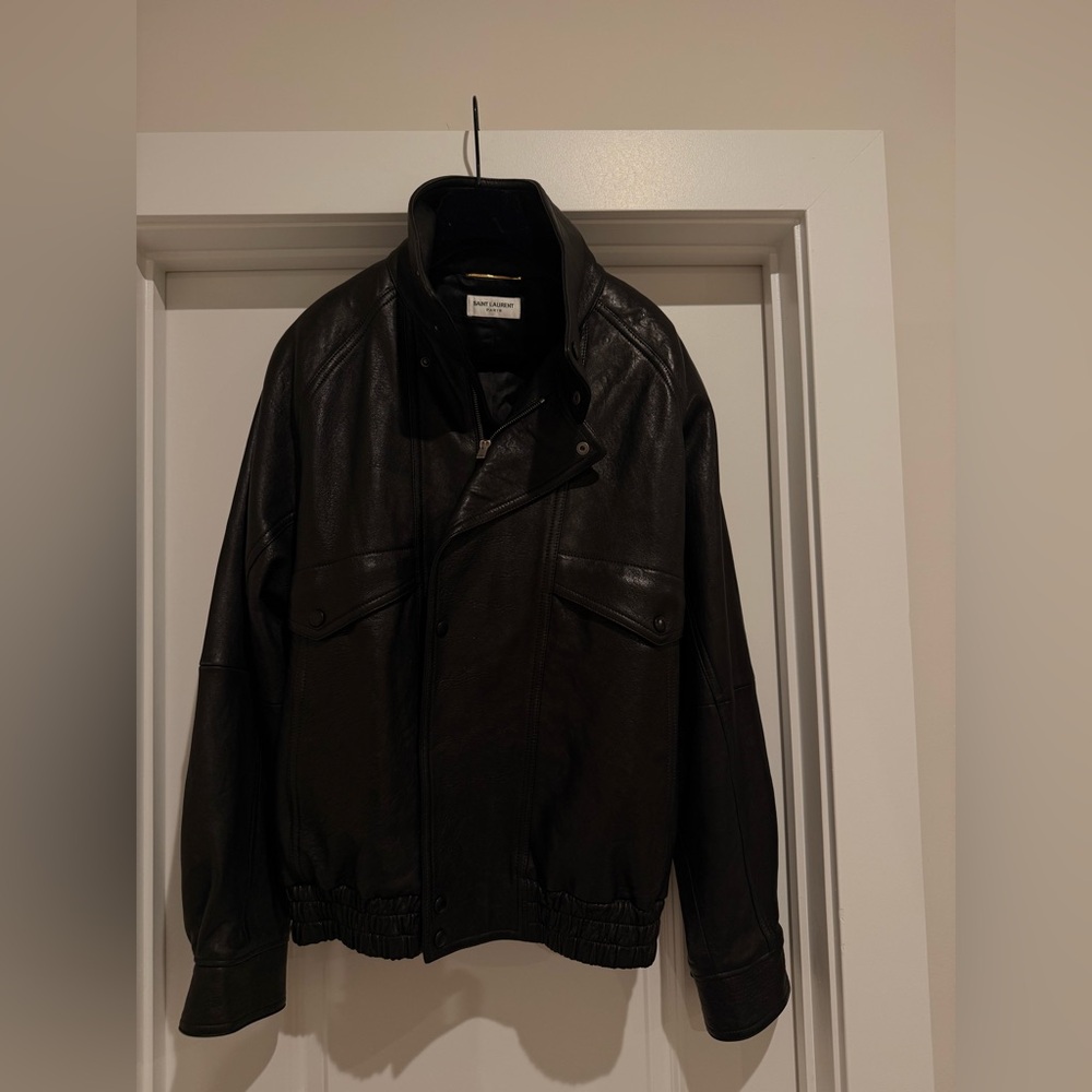 SAINT LAURENT Leather Jacket Stand Collar Runway Black Leather Bomber 2025 - Picture 8 of 17